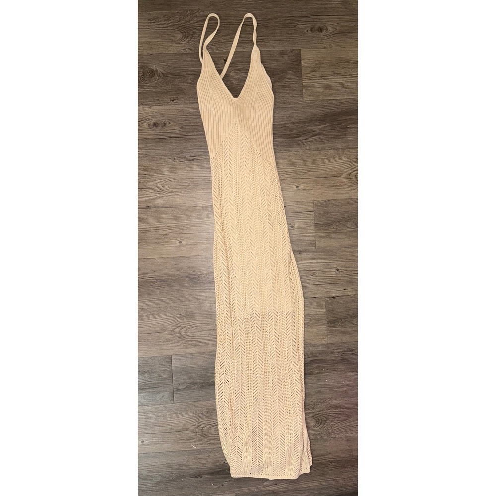 Freshman 1996 Beige Crochet Knit Maxi Dress Large Tan Boho V-Neck Lined